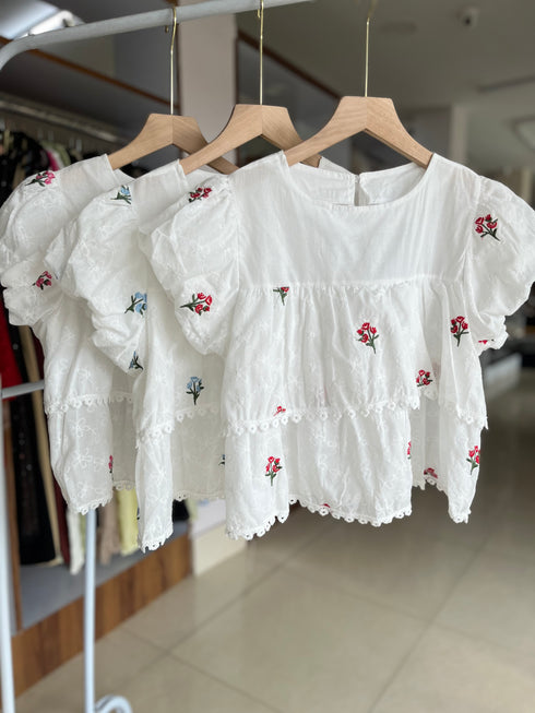 Sweet Round Neck Floral Embroidered Flounce Tops